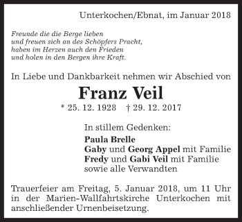 Traueranzeige von Franz Veil von Schwäbische Post