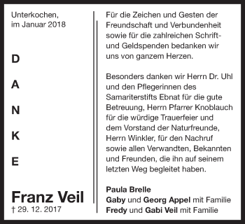 Traueranzeige von Franz Veil von Schwäbische Post