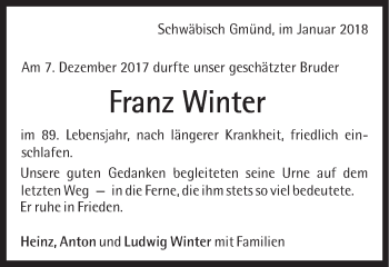 Traueranzeige von Franz Winter von Gmünder Tagespost
