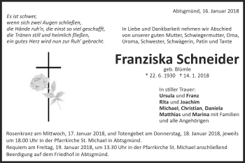 Traueranzeige von Franziska Schneider von Schwäbische Post