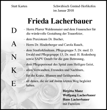 Traueranzeige von Frieda Lacherbauer von Gmünder Tagespost