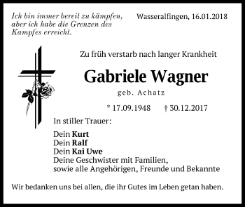 Traueranzeige von Gabriele Wagner von Schwäbische Post