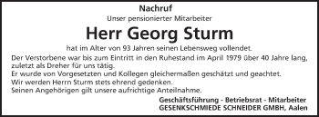 Traueranzeige von Georg Sturm von Schwäbische Post