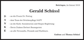 Traueranzeige von Gerald Schüssl von Gmünder Tagespost