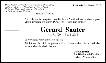 Traueranzeige von Gerard Sauter von Gmünder Tagespost