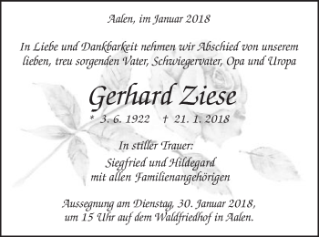 Traueranzeige von Gerhard Ziese von Schwäbische Post