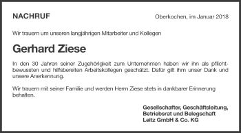Traueranzeige von Gerhard Ziese von Schwäbische Post