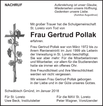 Traueranzeige von Gertrud Pollak von Gmünder Tagespost