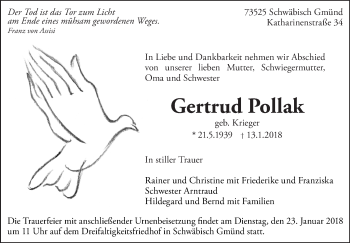 Traueranzeige von Gertrud Pollak von Gmünder Tagespost