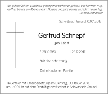 Traueranzeige von Gertrud Schnepf von Gmünder Tagespost