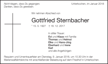Traueranzeige von Gottfried Sternbacher von Schwäbische Post