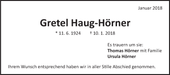 Traueranzeige von Gretel Haug-Hörner von Gmünder Tagespost