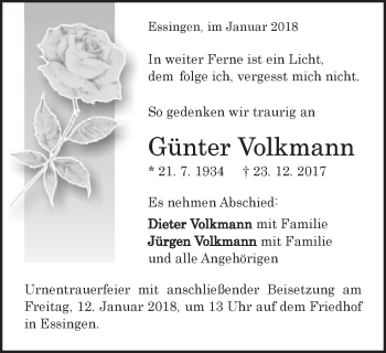 Traueranzeige von Günter Volkmann von Schwäbische Post