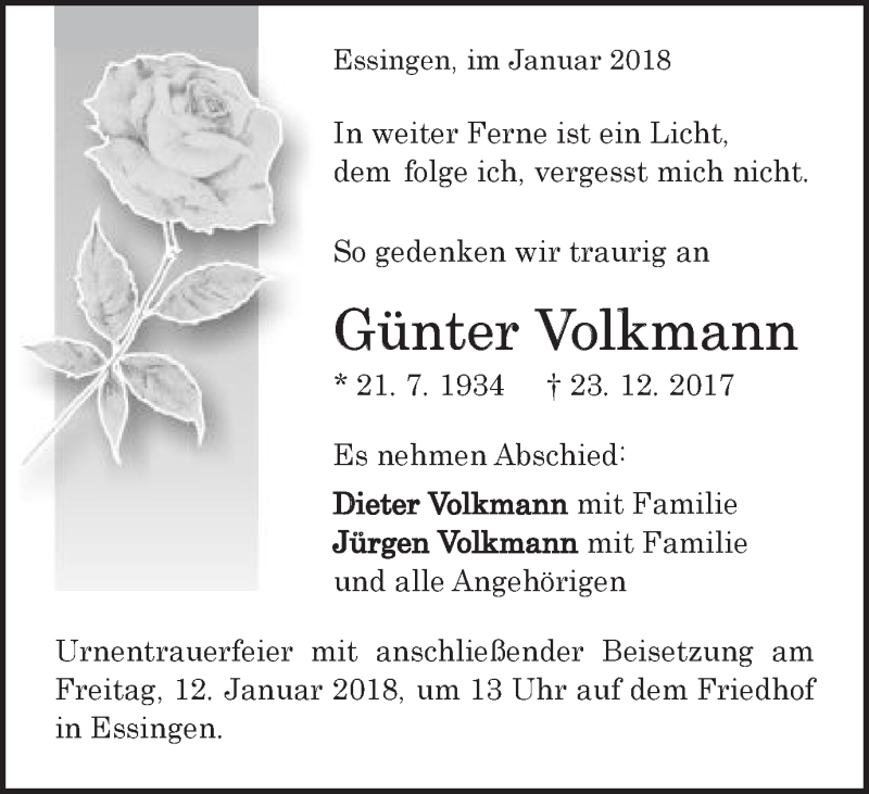  Traueranzeige für Günter Volkmann vom 09.01.2018 aus Schwäbische Post