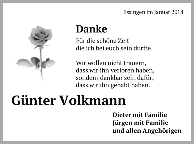  Traueranzeige für Günter Volkmann vom 29.01.2018 aus Schwäbische Post
