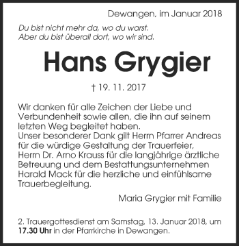 Traueranzeige von Hans Grygier von Schwäbische Post
