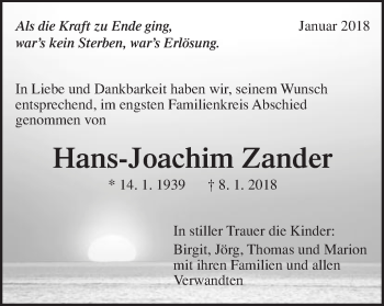 Traueranzeige von Hans-Joachim Zander von Gmünder Tagespost
