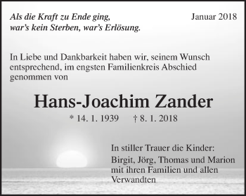 Traueranzeige von Hans-Joachim Zander