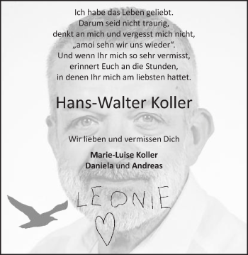 Traueranzeige von Hans-Walter Koller von Schwäbische Post