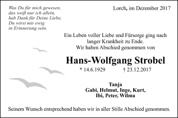 Traueranzeige von Hans-Wolfgang Strobel von Gmünder Tagespost