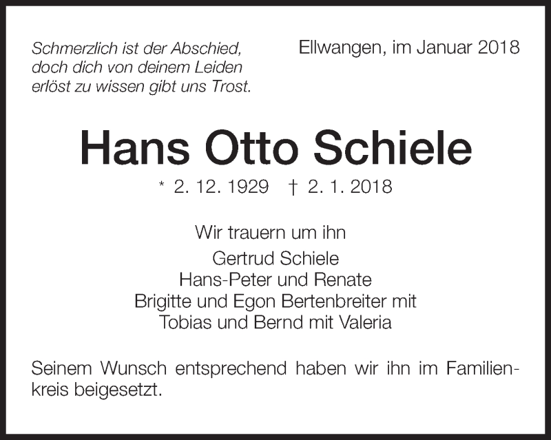  Traueranzeige für Hans Otto Schiele vom 12.01.2018 aus Schwäbische Post
