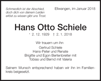 Traueranzeige von Hans Otto Schiele von Schwäbische Post