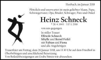 Traueranzeige von Heinz Schneck von Gmünder Tagespost