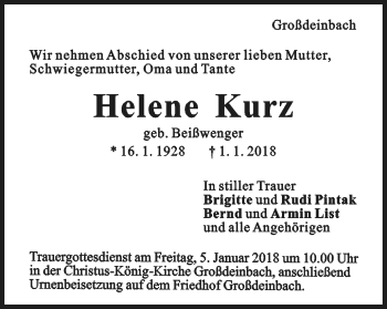 Traueranzeige von Helene Kurz von Gmünder Tagespost
