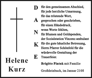 Traueranzeige von Helene Kurz von Gmünder Tagespost