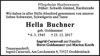 Traueranzeige von Hella Buchner von Gmünder Tagespost