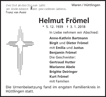Traueranzeige von Helmut Frömel von Schwäbische Post