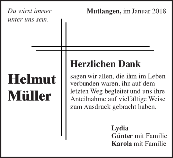 Traueranzeige von Helmut Müller von Gmünder Tagespost