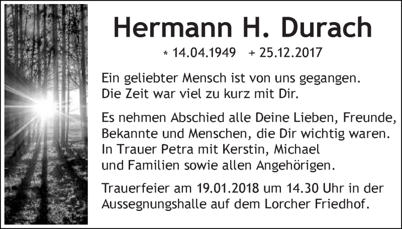  Traueranzeige für Hermann H. Durach vom 12.01.2018 aus Gmünder Tagespost