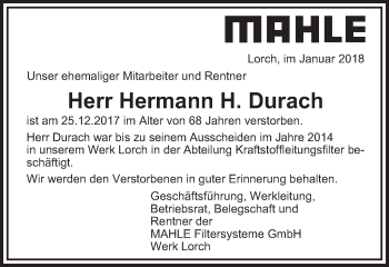 Traueranzeige von Hermann H. Durach von Gmünder Tagespost