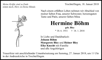 Traueranzeige von Hermine Böhm von Schwäbische Post