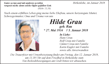 Traueranzeige von Hilde Grau von Gmünder Tagespost