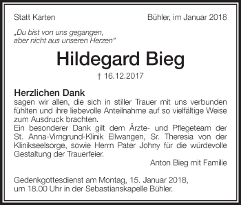 Traueranzeige von Hildegard Bieg von Schwäbische Post