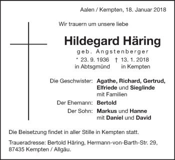 Traueranzeige von Hildegard Häring von Schwäbische Post