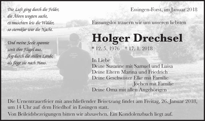  Traueranzeige für Holger  vom 23.01.2018 aus Schwäbische Post