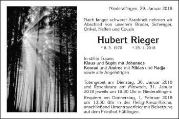 Traueranzeige von Hubert Rieger von Schwäbische Post