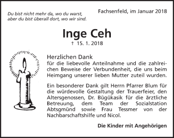 Traueranzeige von Inge Ceh von Schwäbische Post