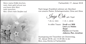 Traueranzeige von Inge Ceh von Schwäbische Post