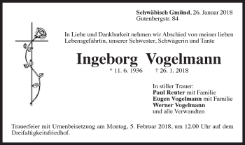 Traueranzeige von Ingeborg Vogelmann von Gmünder Tagespost