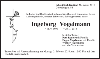 Traueranzeige von Ingeborg Vogelmann