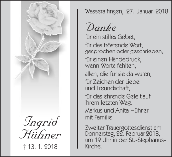 Traueranzeige von Ingrid Hühner von Schwäbische Post