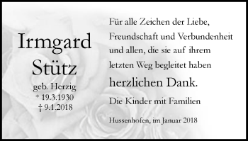 Traueranzeige von Irmgard Stütz von Gmünder Tagespost