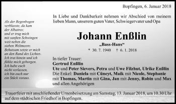 Traueranzeige von Johann Enßlin von Schwäbische Post