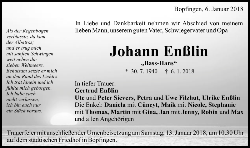  Traueranzeige für Johann Enßlin vom 10.01.2018 aus Schwäbische Post