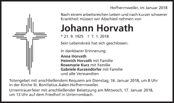 Traueranzeige von Johann Horvath von Schwäbische Post