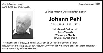 Traueranzeige von Johann Pehl von Schwäbische Post